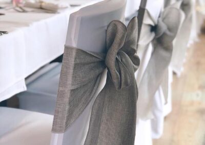 White Lycra Chair Cover with Grey Linen Sash