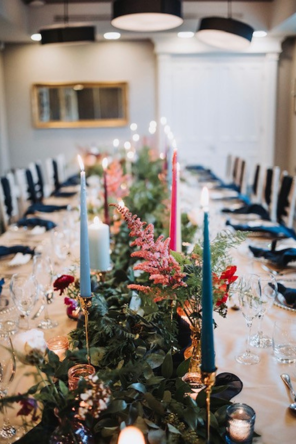 Ambience Venue Styling Cheshire Blue Burgundy Pink Taper Candles Wedding Breakfast Decor Trestle Table Teal Napkins Charger Plates