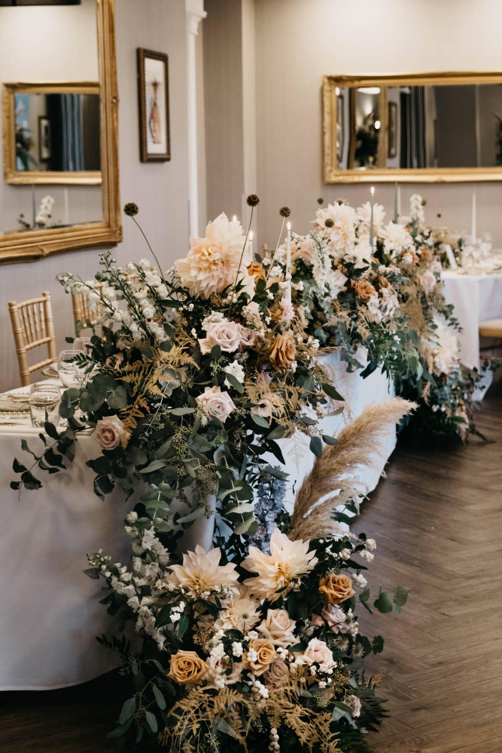 Ambience Venue Styling Cheshire Wedding Breakfast Top Table Decor Place Setting Statement Florals Dried Elements Pampas Cream Peach Toffee Sand Quicksand Roses Coloured Fern