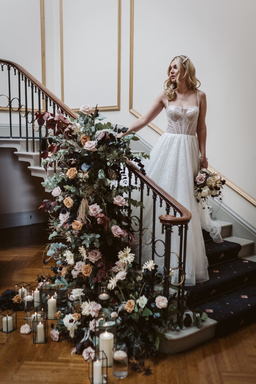 Ambience Venue Styling Uk Wedding Decor Staircase Feature Floral Column Floating Candles Velvet Black Glass Square Vases LED Entrance