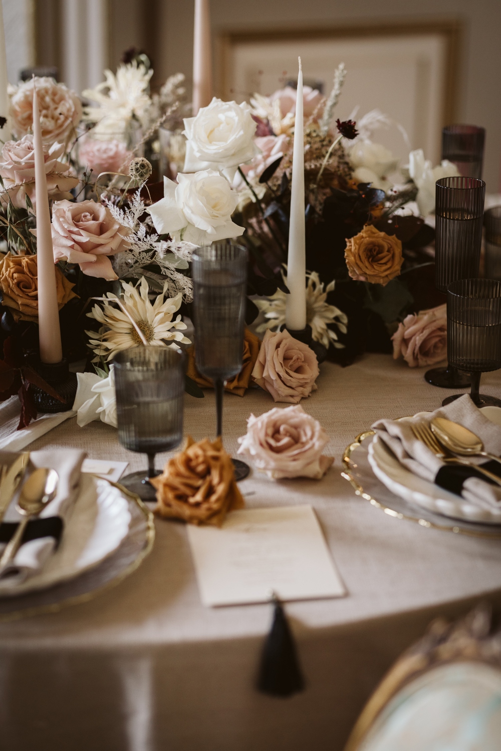 Ambience Venue Styling Wedding Decor Round Table Wedding Breakfast Table Setting Place Flowers Centrepiece Roses Toffee Nude Black Glassware Gold Cutlery