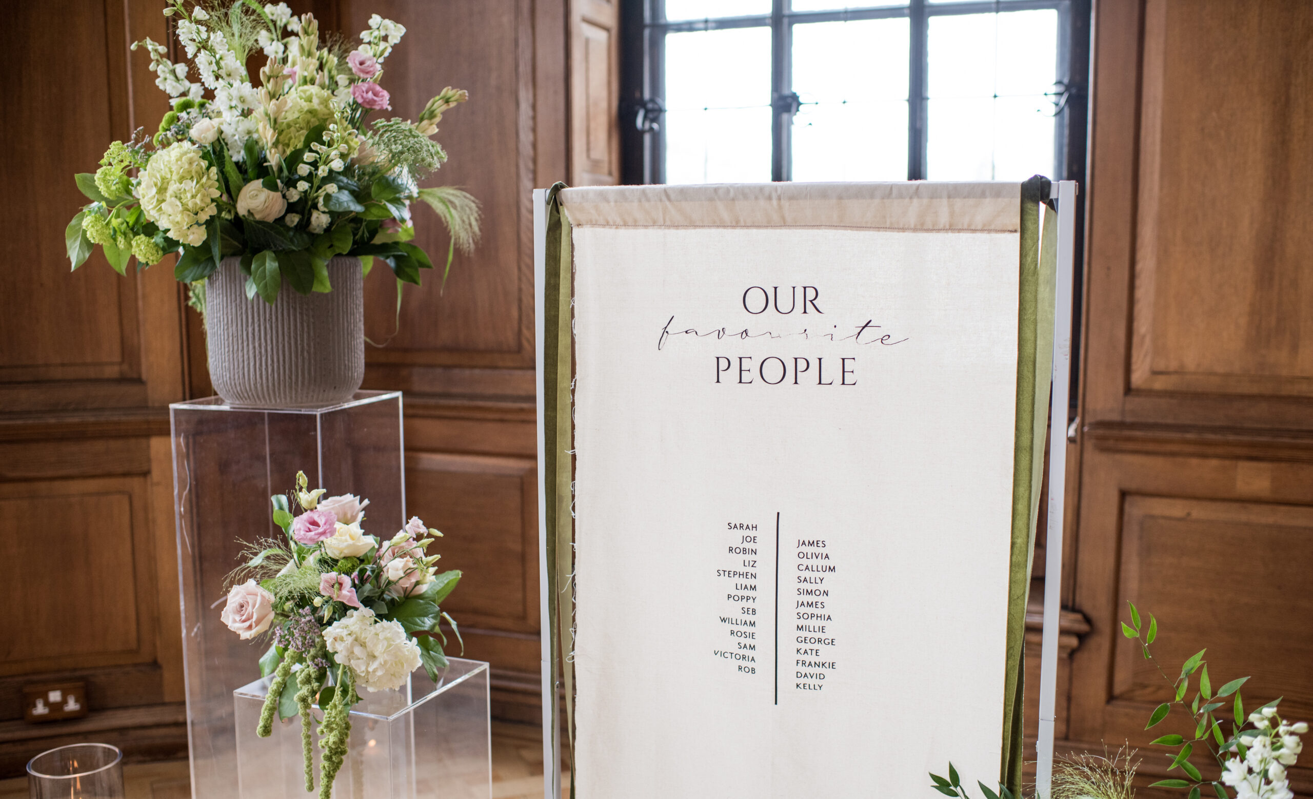 Ambience UK hanging Material Wedding Signage Table Plan Florals