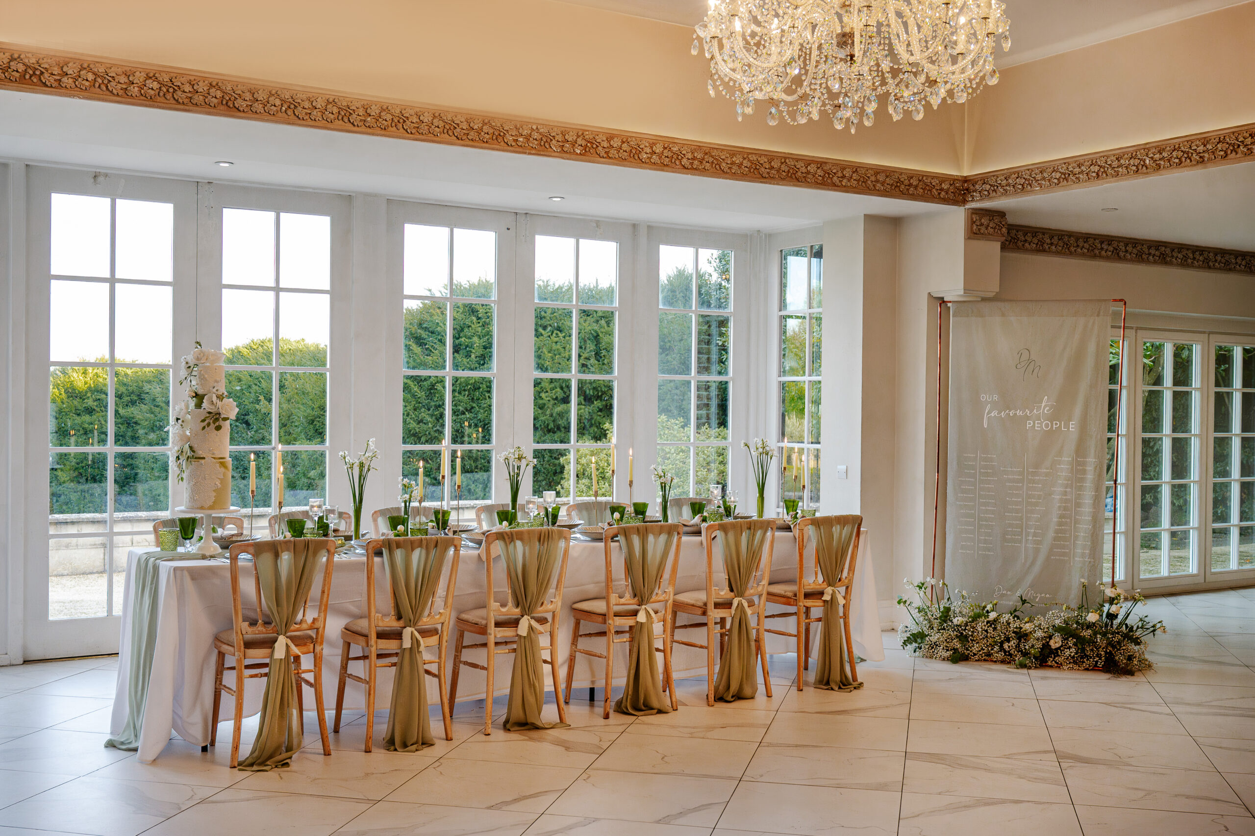 Wedding-Decor-Green-White-Spring-Hanging-Material-Signage Ambience Venue Styling Wedding Cake