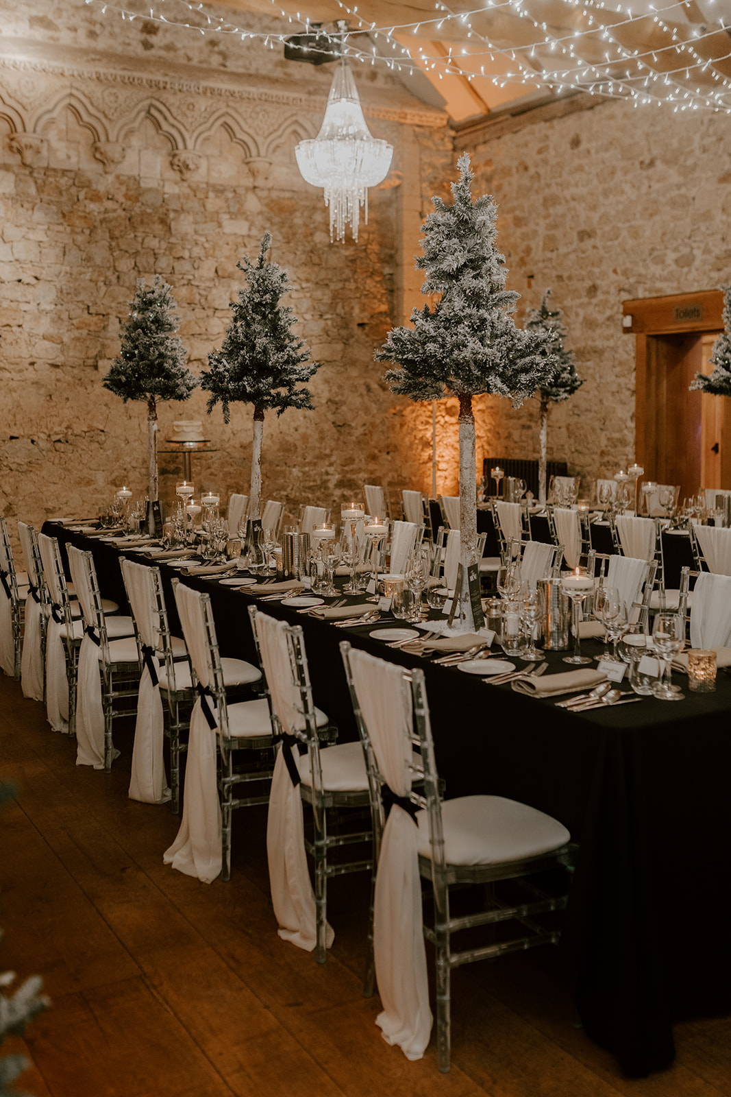Ambience Venue Styling Buckinghamshire Christmas Themed Wedding Monochrome Banquet Dining Tablescape Wedding Breakfast Decor