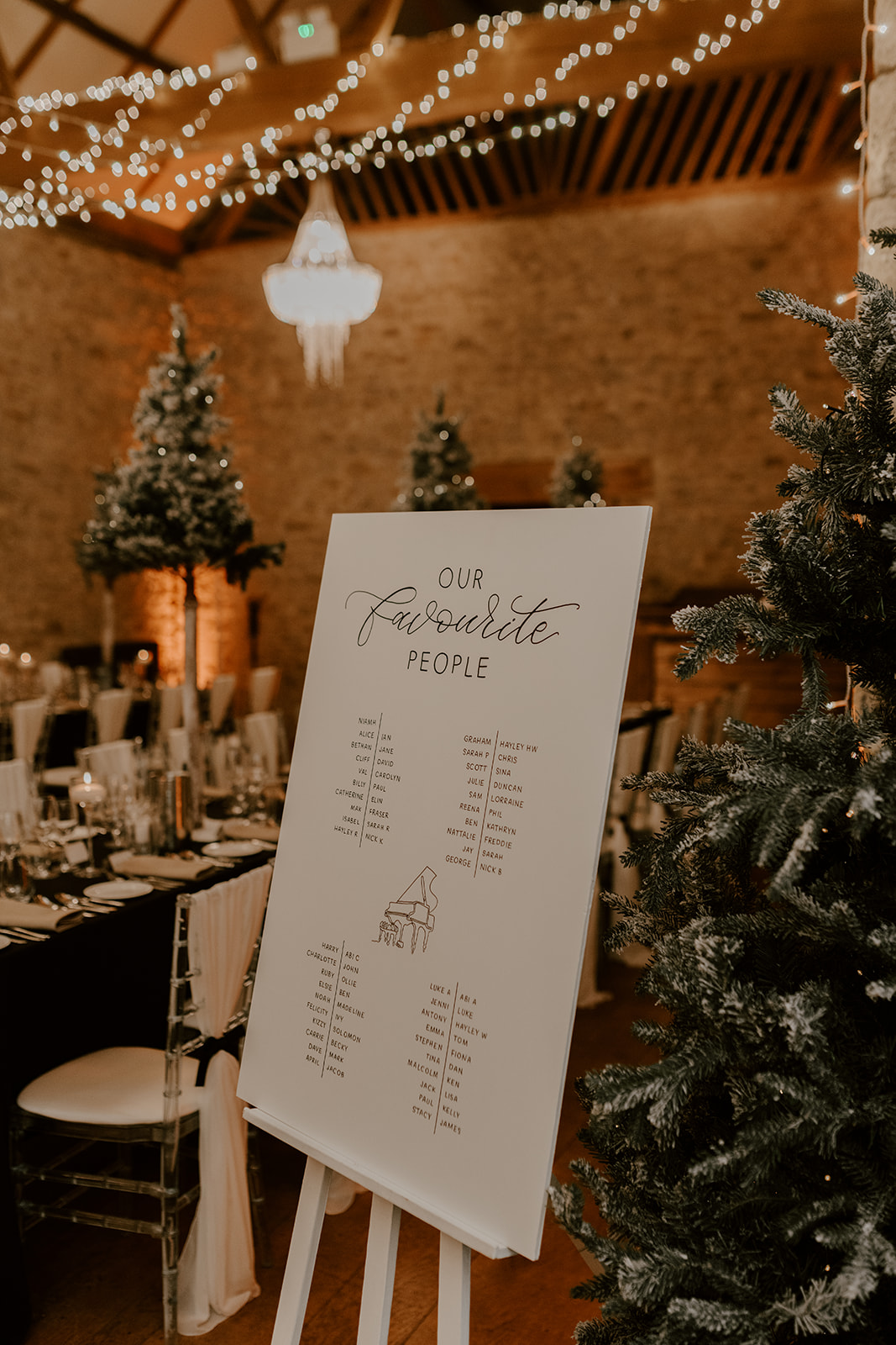 Ambience Venue Styling Buckinghamshire Christmas Themed Wedding Monochrome Bespoke Signage Wedding Breakfast Decor