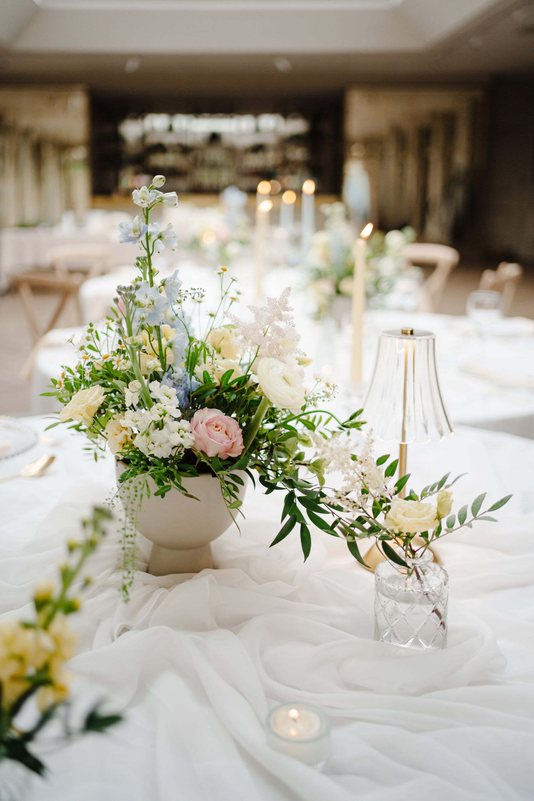 Ambience Venue Styling Buckinghamshire Christmas Themed Wedding Monochrome Candlelight Tablescape Unique Centrepieces Chair Decor