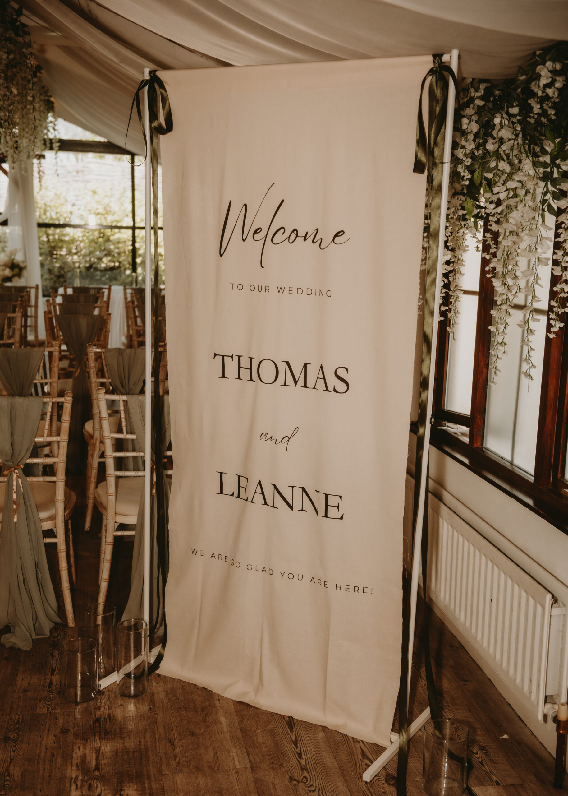 wedding venue styling fabric welcome sign 