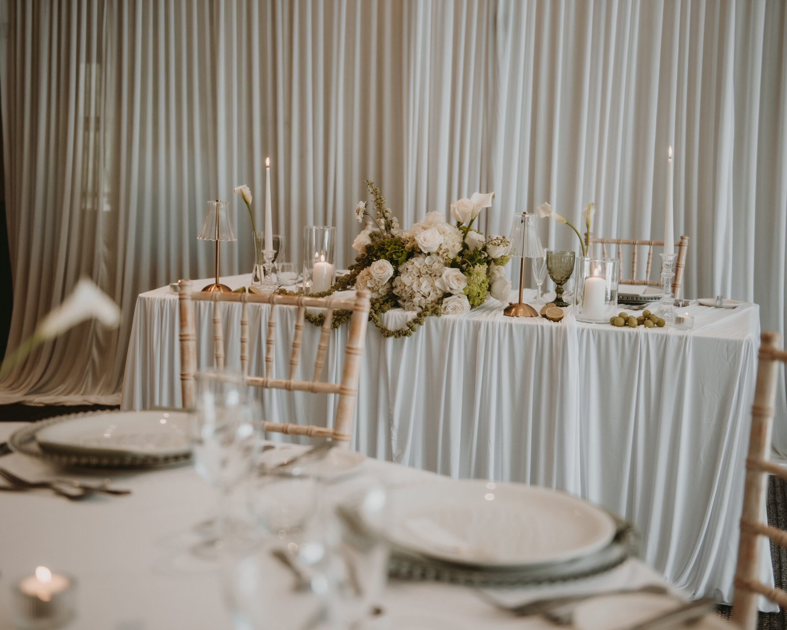Ambience Venue Styling Leeds Halifax Dales Organic Green Draping wedding venue styling draping with organic green florals