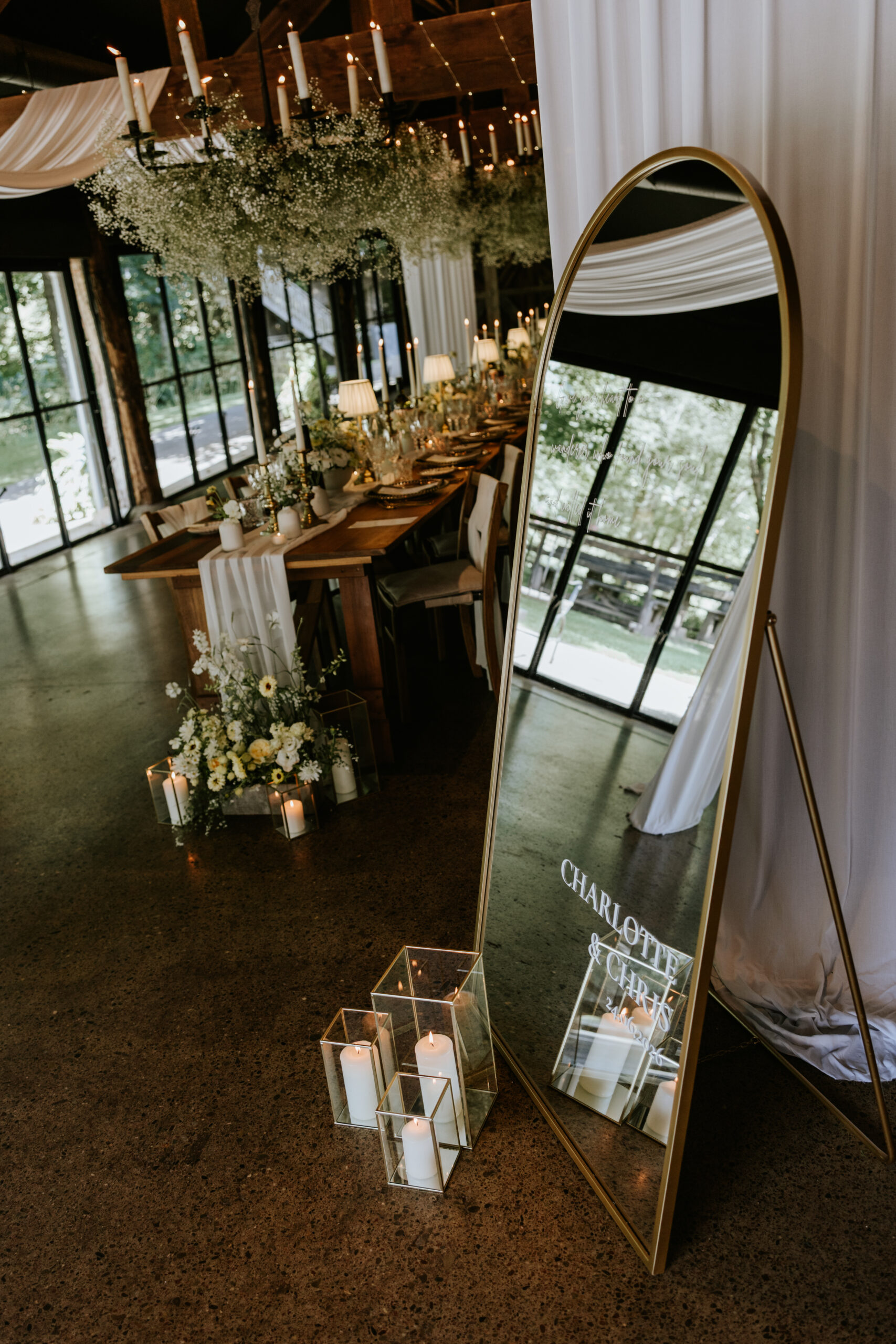 Ambience Venue Styling Buckinghamshire Christmas Themed Wedding Monochrome Banquet Dining Tablescape Wedding Breakfast Decor