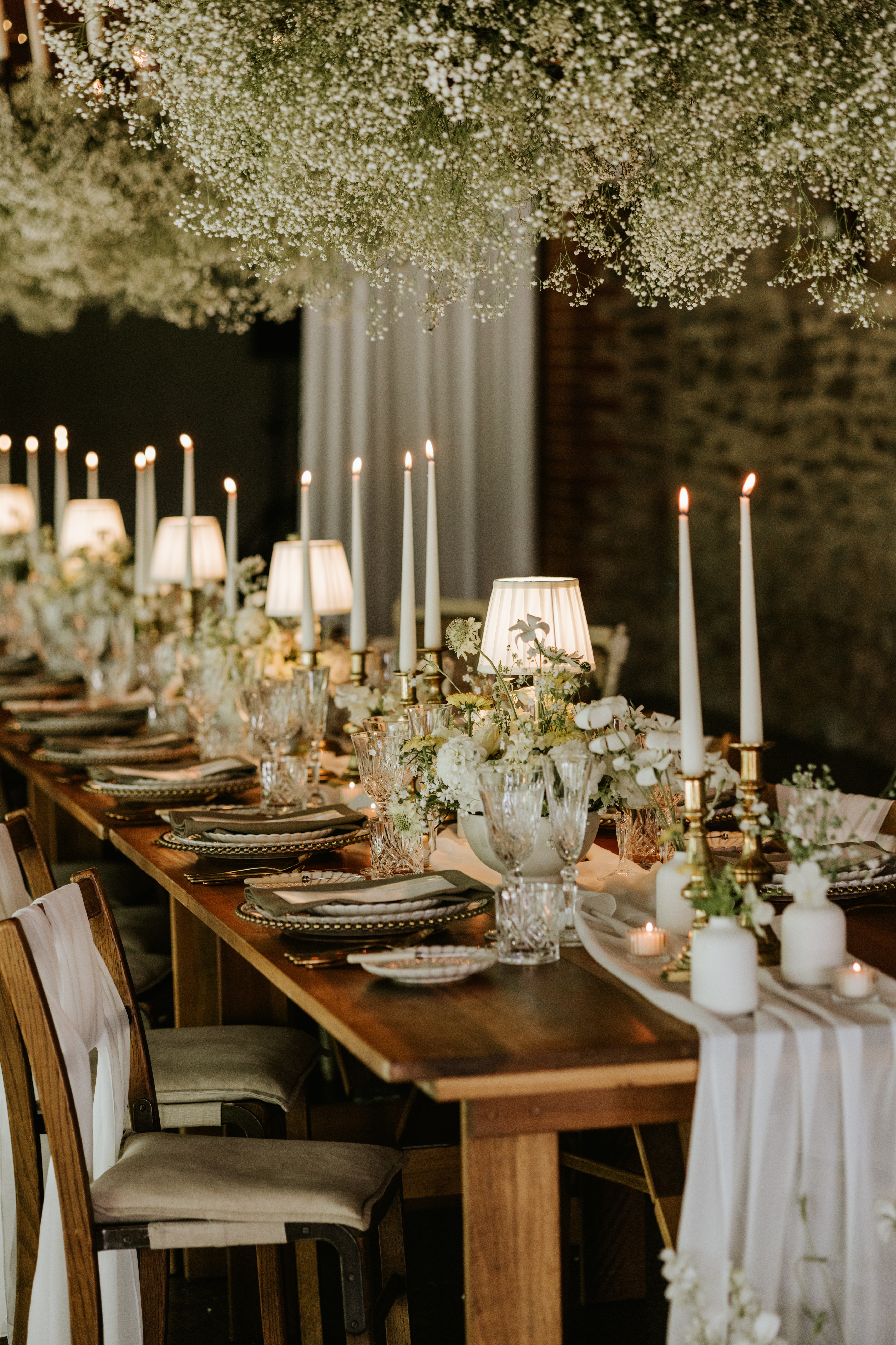 Venue styling tablescape on banquet dining and neutral wedding decor